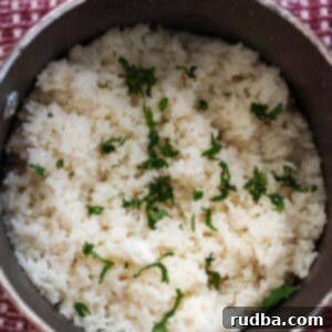 Fragrant Coconut Rice 2 A close-up of fluffy coconut rice with fresh cilantro on top, served in a round bowl.