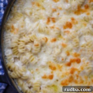 baked white cheddar mac and cheese up close.