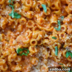 creamy spaghettios with parmesan cheese and basil on top.