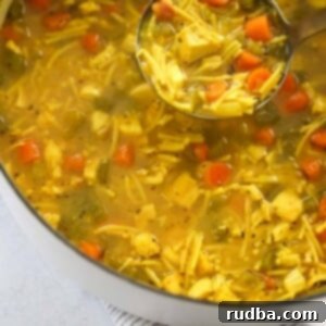 Quick Chicken Noodle Soup 2 chicken noodle soup in a dutch oven with a ladle.