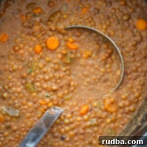 lentil soup in the crockpot with a ladle.