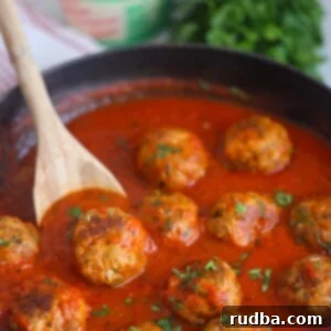 Golden Baked Meatballs 2 baked meatballs in marinara sauce.