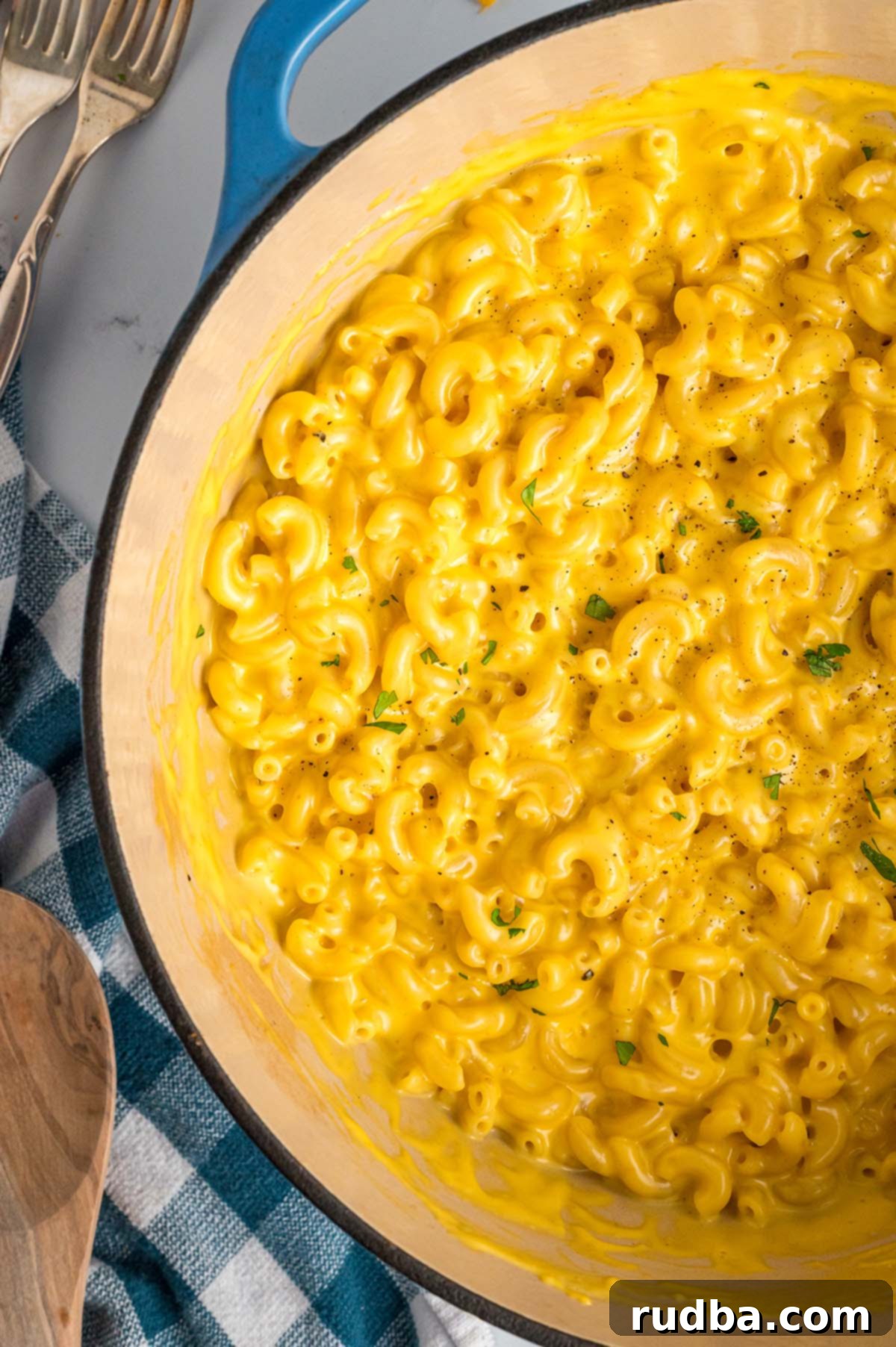 Creamy stovetop mac and cheese served in a blue Dutch oven, ready to be enjoyed as a comforting meal or a hearty side dish.