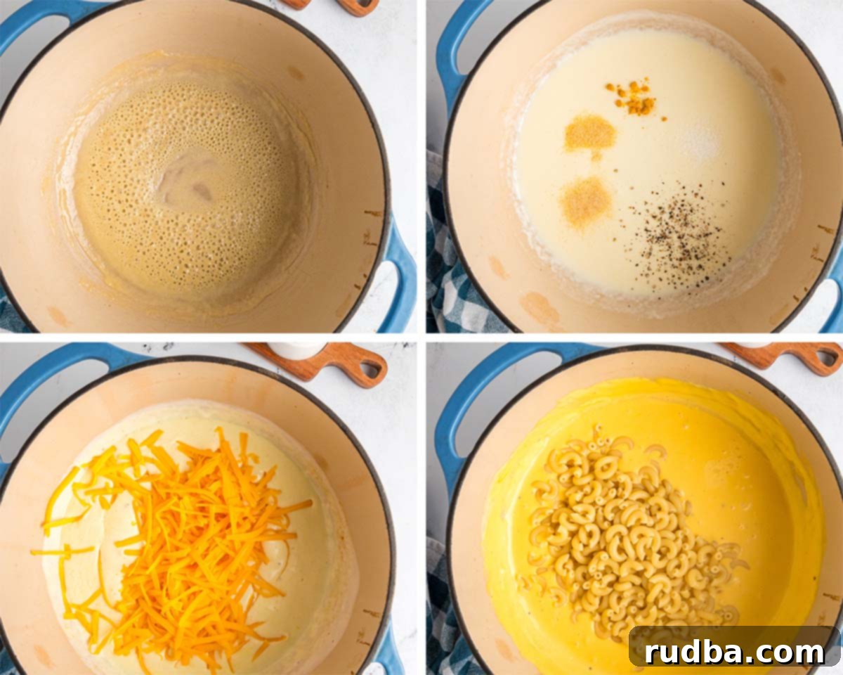 A four-photo collage demonstrating the step-by-step process of making creamy stovetop mac and cheese: cooking pasta, making the roux, thickening the sauce, and combining pasta with cheese.