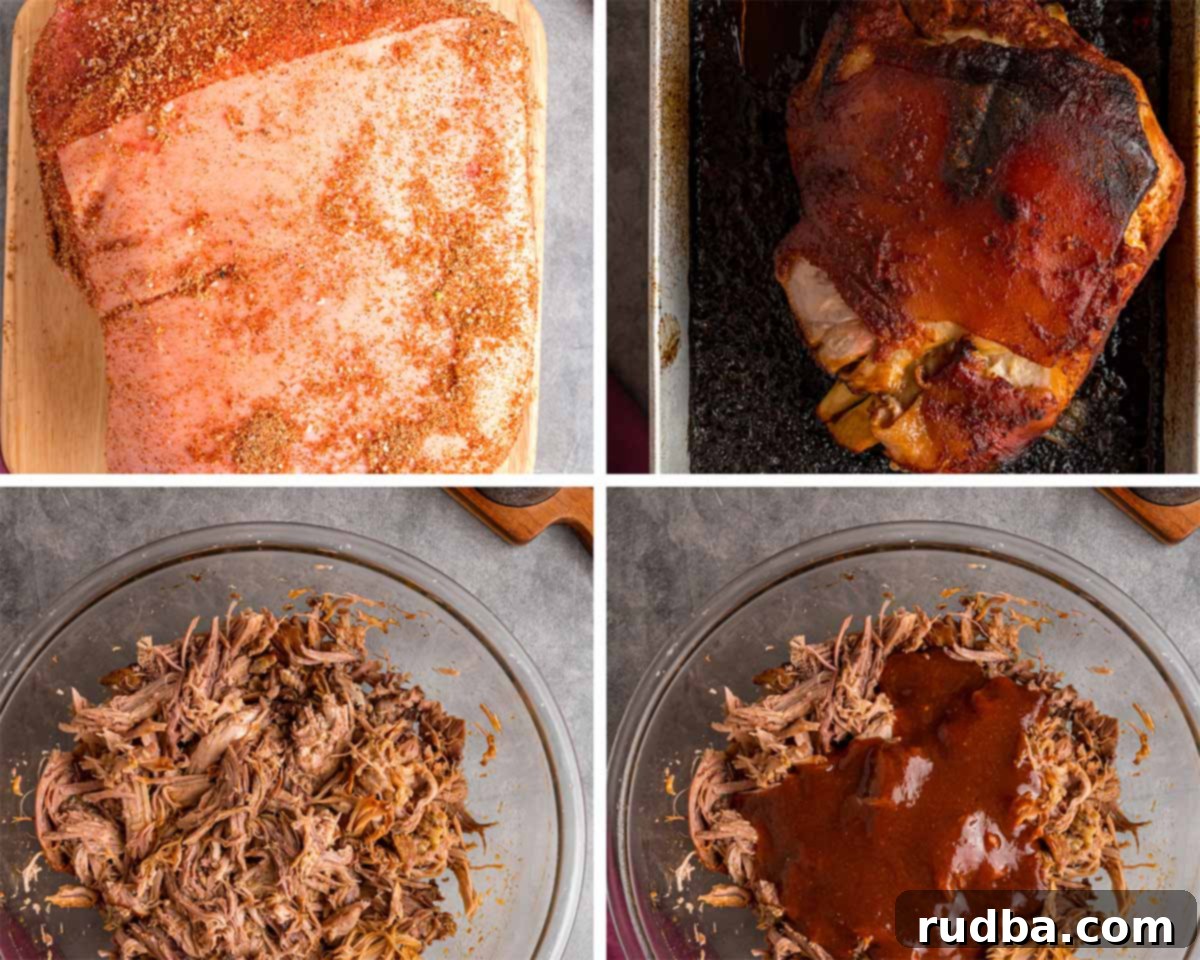 Four-photo collage demonstrating the process of seasoning a pork shoulder, inserting garlic, applying rub, and preparing it for roasting.