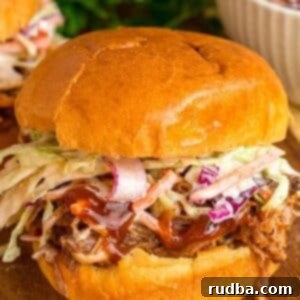 Pulled pork sandwich with coleslaw on top.