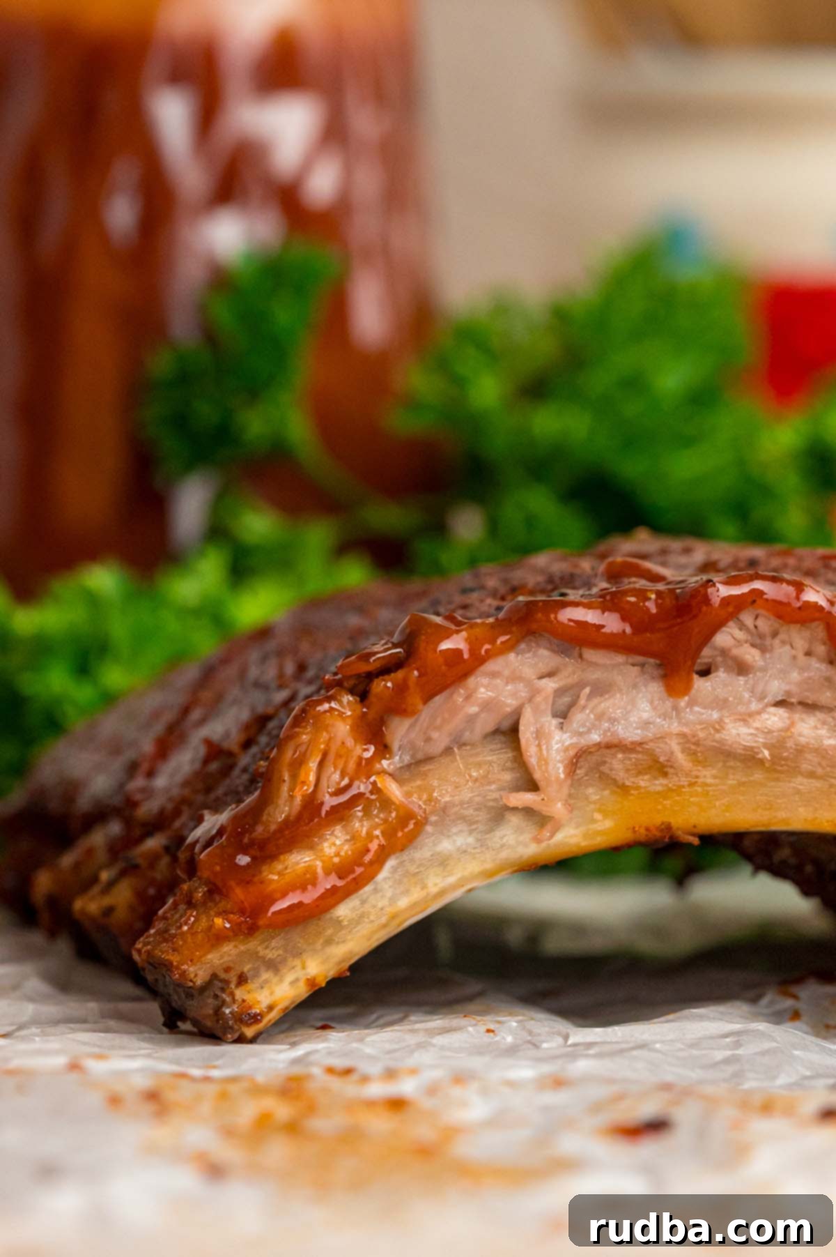 Ultimate Oven Baked BBQ Ribs 5 Ribs up close.
