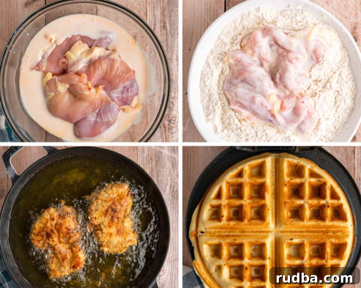 The Southern Sweet & Savory Stack 3 A four-photo collage showing the preparation steps for fried chicken and waffles: marinating chicken, coating chicken in flour, frying chicken, and pouring waffle batter into a waffle iron.