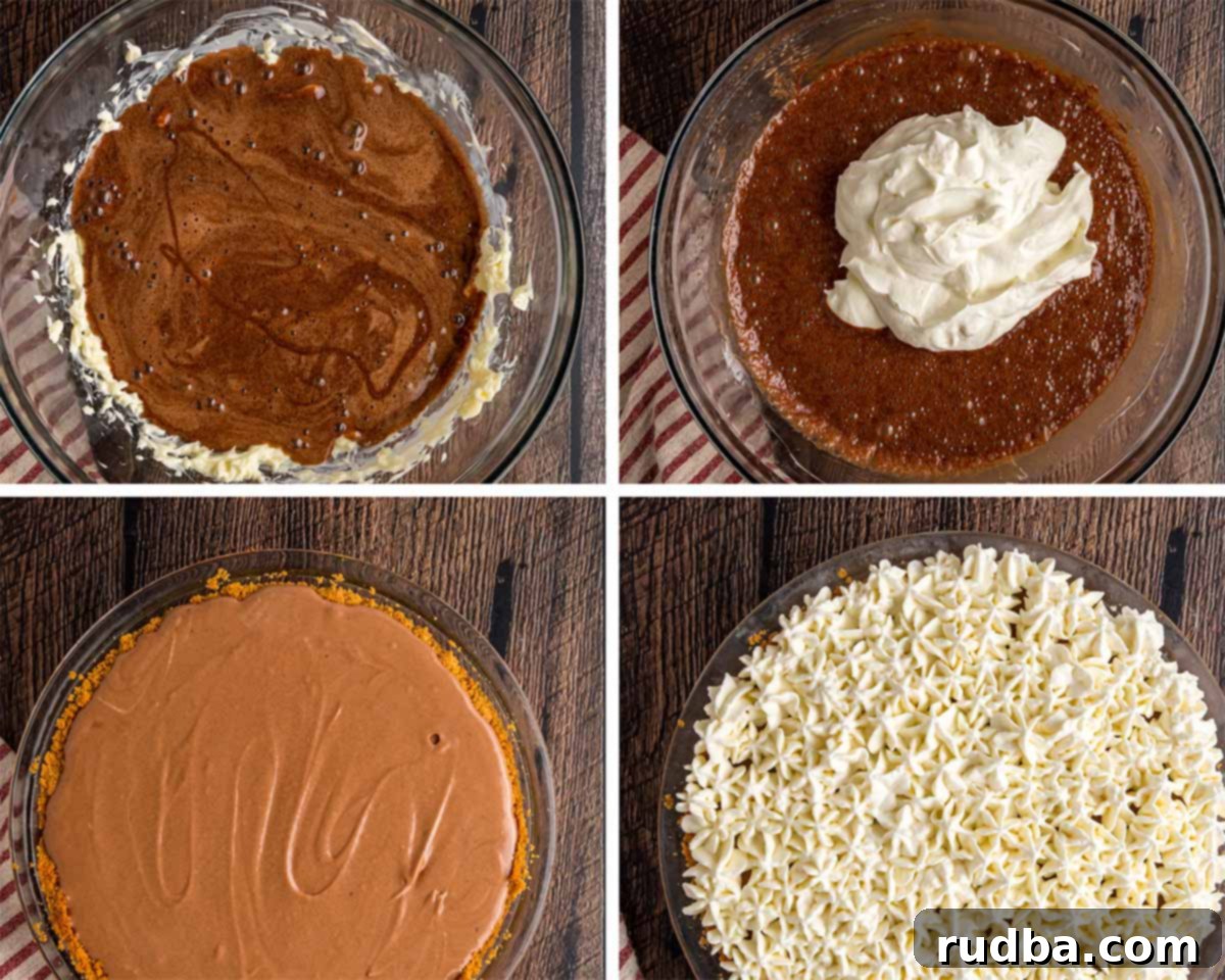 Silky Chocolate Dream Pie 4 A four-photo collage illustrating the step-by-step process of preparing a French silk pie, from mixing ingredients to filling the crust.