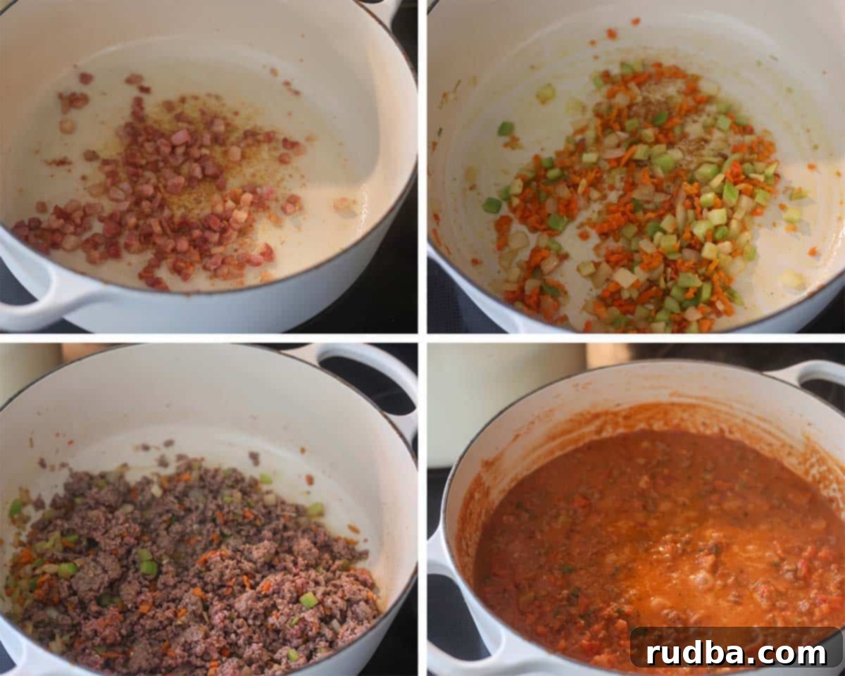 Indulgent Fettuccine Bolognese 4 Four photo collage showing how to make bolognese.
