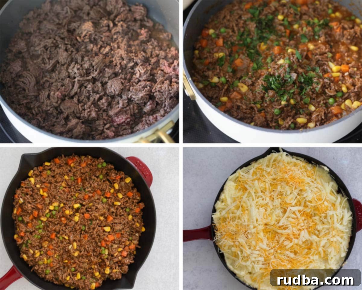 Golden Crust Beef and Mash 4 A four-photo collage demonstrating the steps of cooking ground beef, adding vegetables, simmering the mixture, and layering the mashed potatoes on top.
