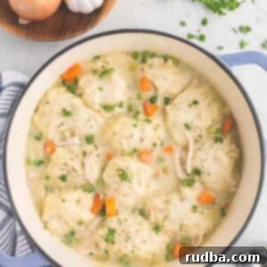 Hearty Homestyle Chicken and Dumplings 6 A pot filled with chicken and dumplings with onions, parsley, and garlic on the side.