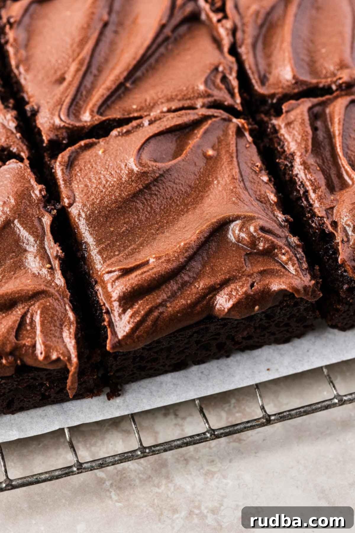 Chocolate Wacky Cake 5 A freshly baked 8x8 inch chocolate wacky cake, skillfully sliced into neat individual squares and perfectly ready to serve.