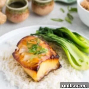 Savory Miso Glazed Chilean Sea Bass 6 Miso glazed chilean sea bass with white rice and bok choy.