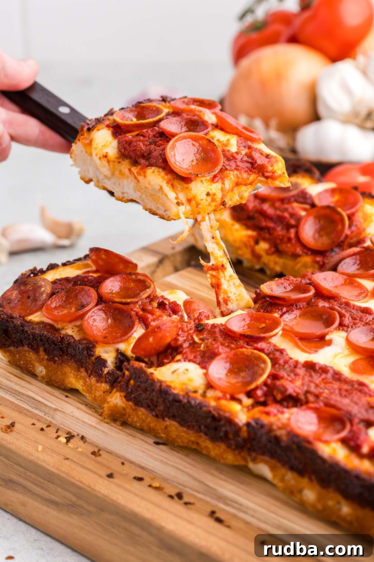 Classic Detroit Style Pan Pizza 2 A freshly baked Detroit style pan pizza, cut into square slices on a wooden cutting board, showcasing its thick, airy crust, bubbly melted cheese, and crispy pepperoni.