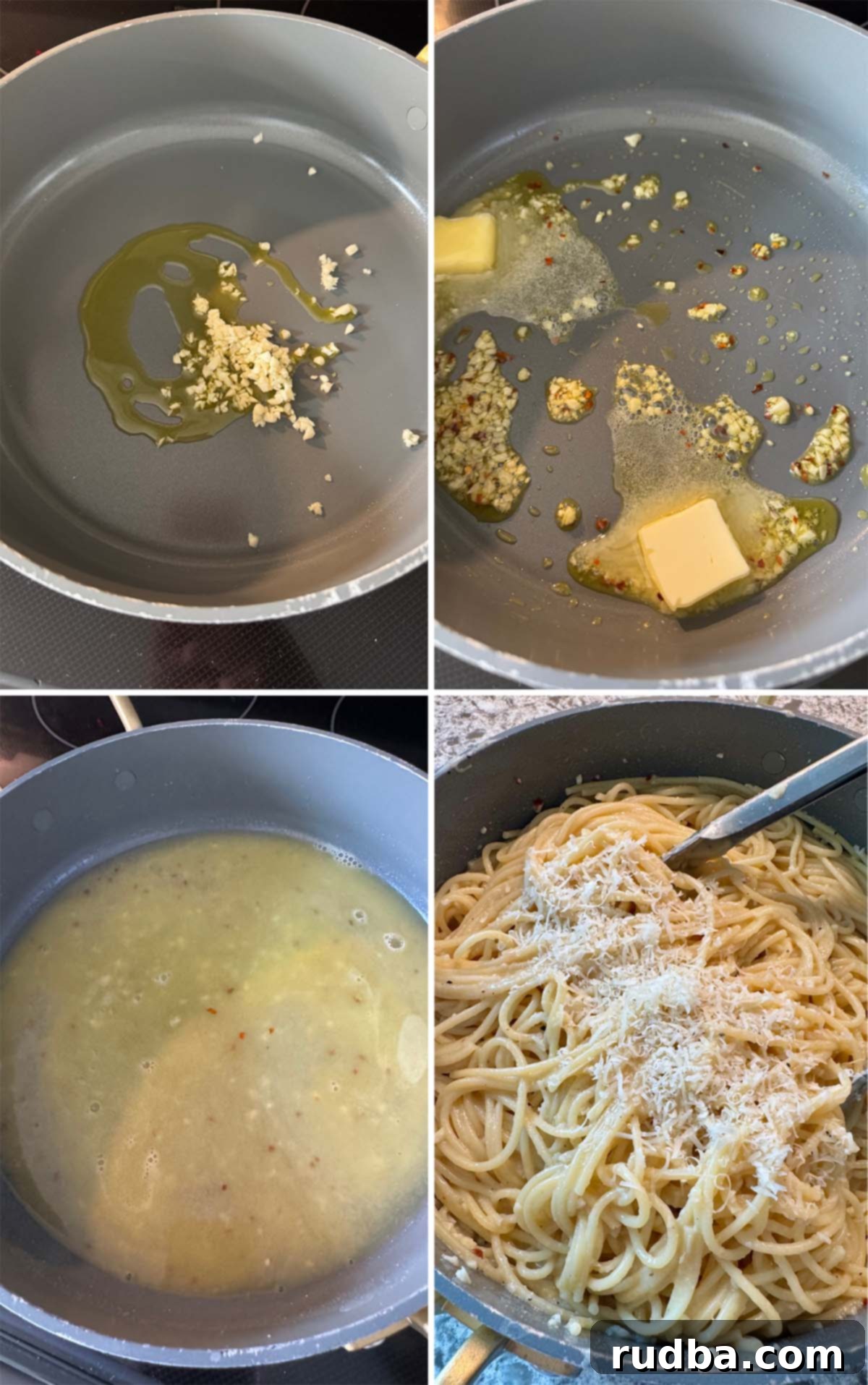 Golden Buttered Noodles 3 A four-picture collage showing how to cook garlic in butter and mix it with pasta.
