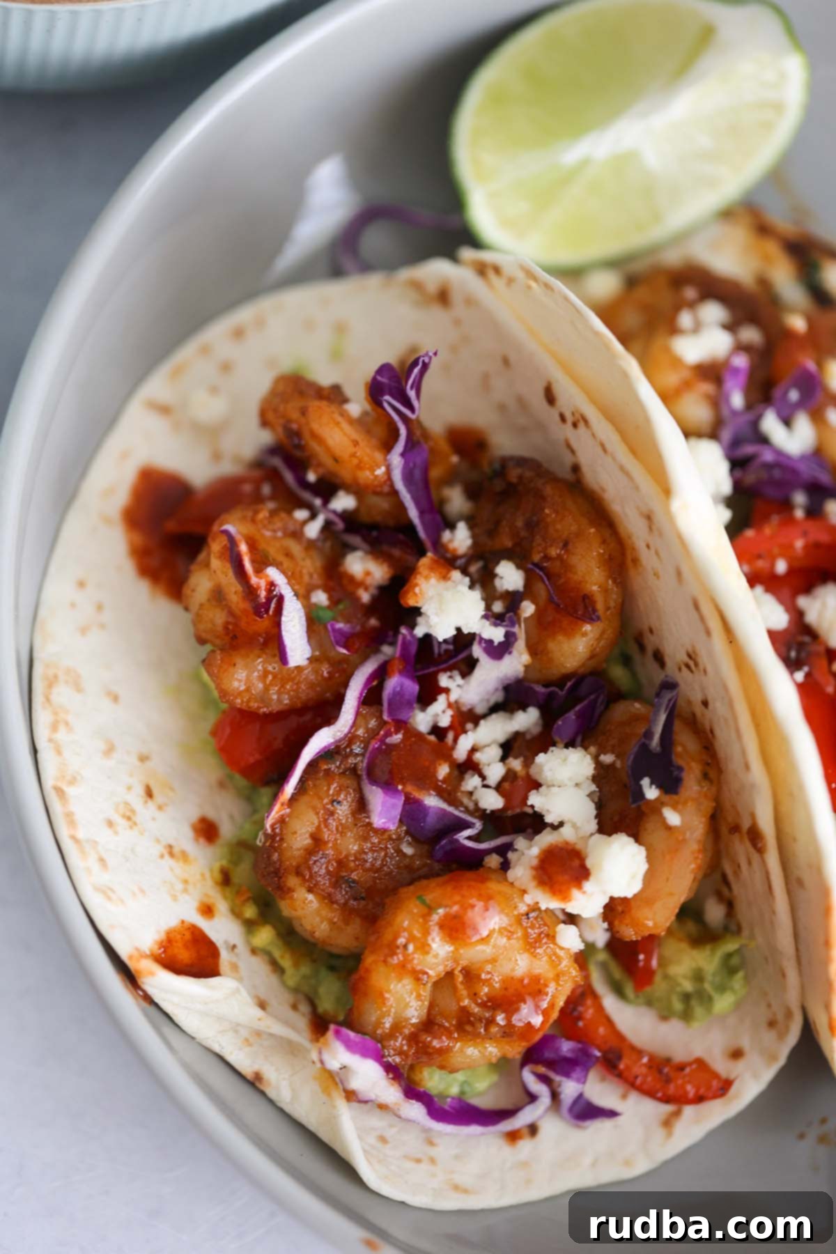 Zesty Shrimp Tacos 4 A shrimp taco up close.