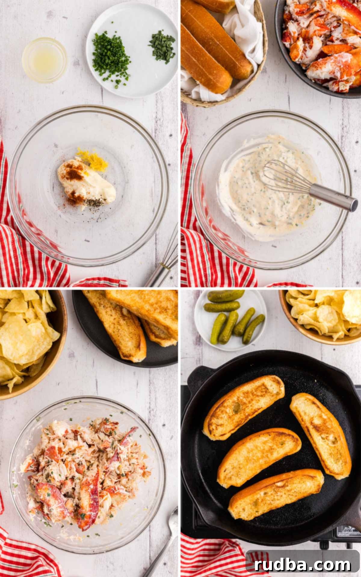 A four-photo collage demonstrating the step-by-step process of making lobster rolls: preparing the lemon aioli, mixing it with lobster meat, buttering the buns, and toasting them to perfection.