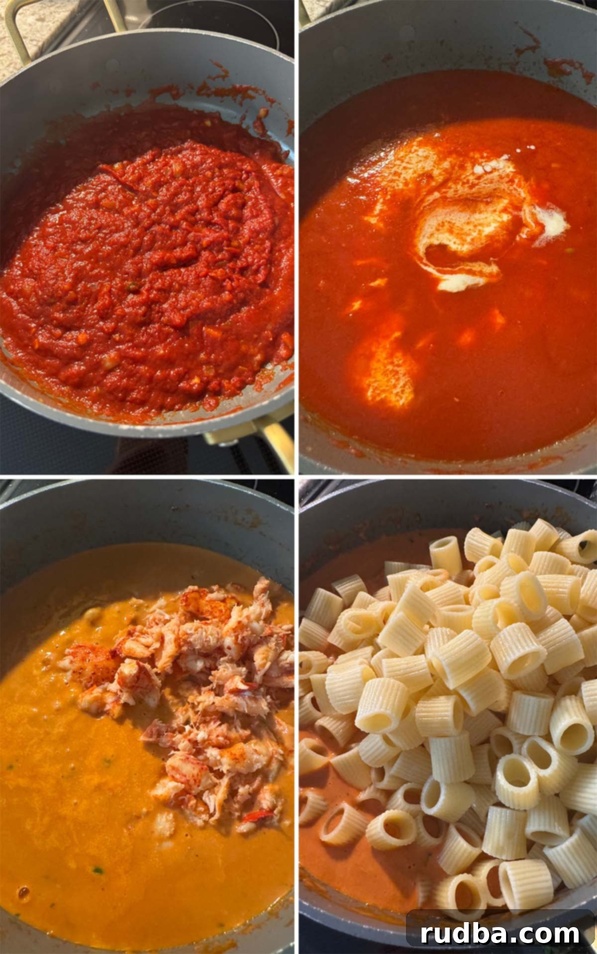 Decadent Lobster Pasta 3 A collage of four photos illustrating the cooking process: sautéing aromatics, adding tomato paste, mixing in lobster, and combining with pasta.