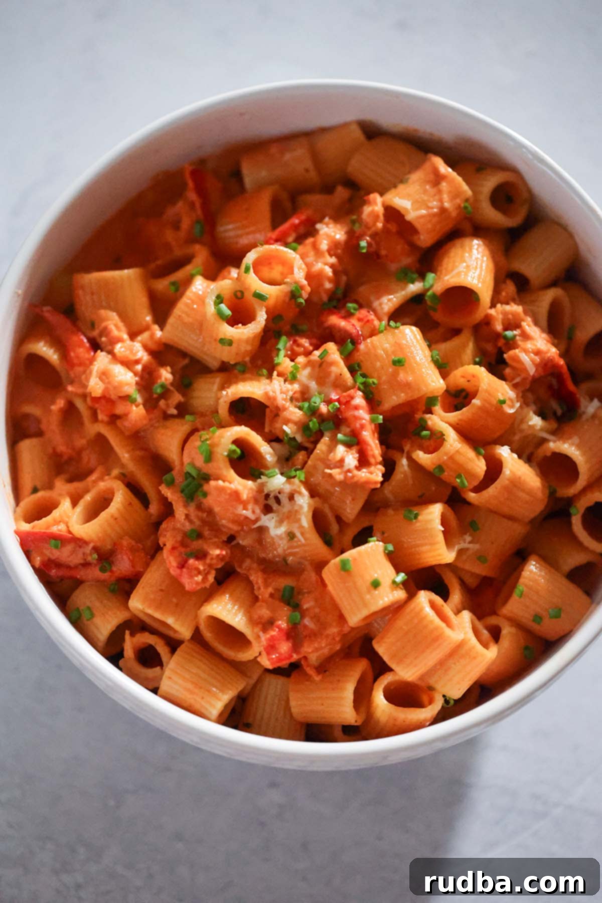 Decadent Lobster Pasta 4 Close-up shot of creamy lobster pasta in a white bowl, showing the texture and ingredients.