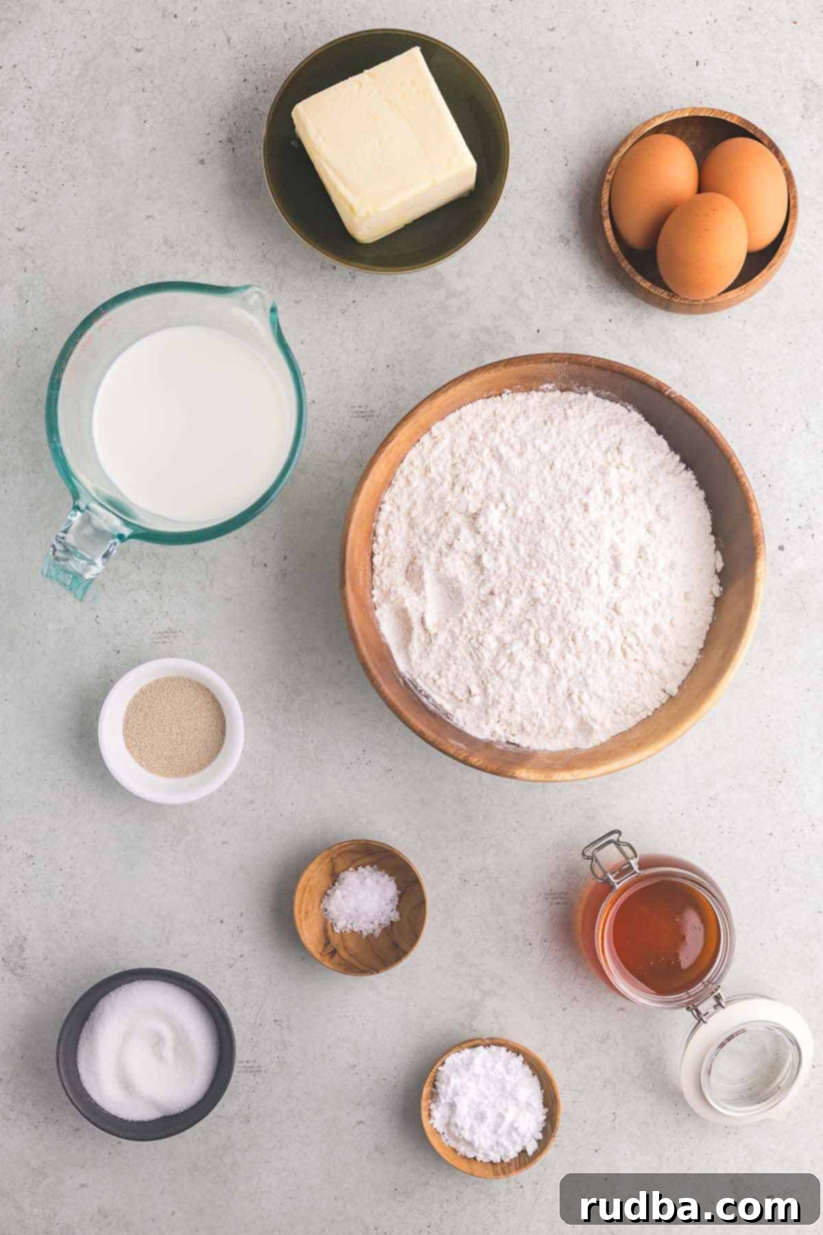 Ingredients to make the rolls and honey butter.