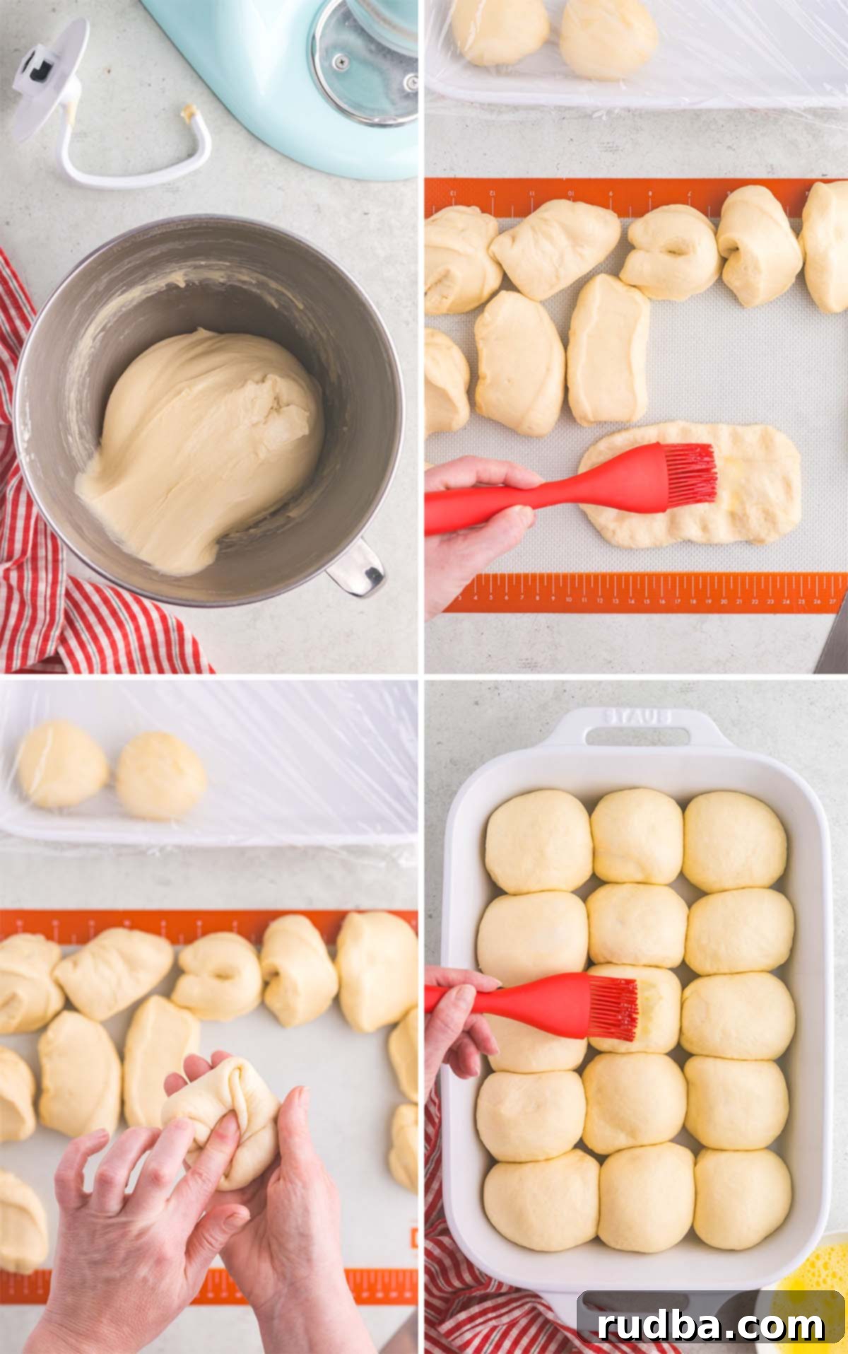 Dough in various stages of preparation, from proofing to shaping, demonstrating the process of making Parker House rolls.