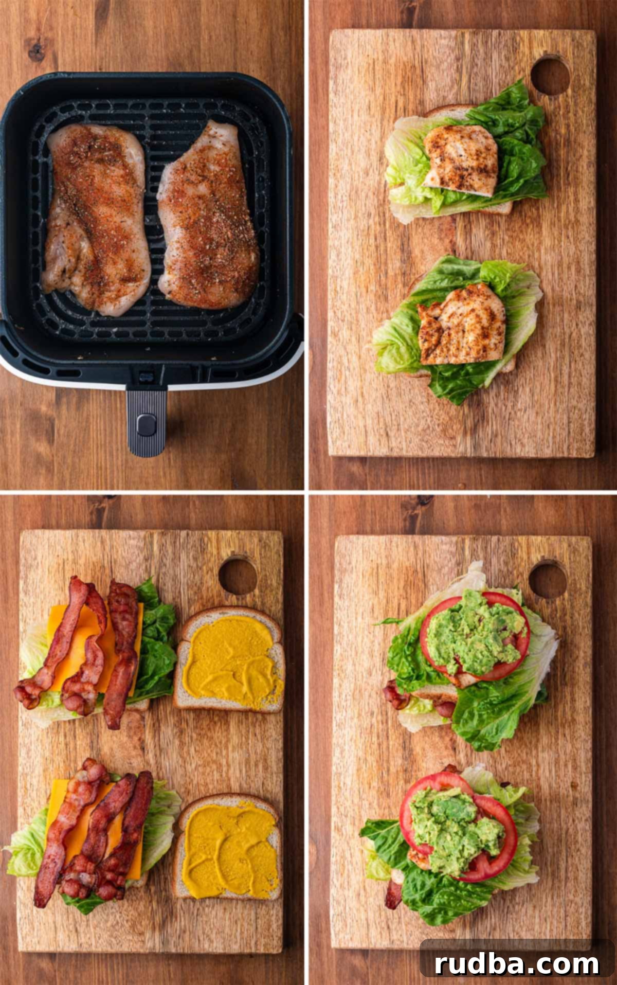 Ultimate Chicken Club 3 A four photo collage showing how to assemble a chicken club sandwich step-by-step.