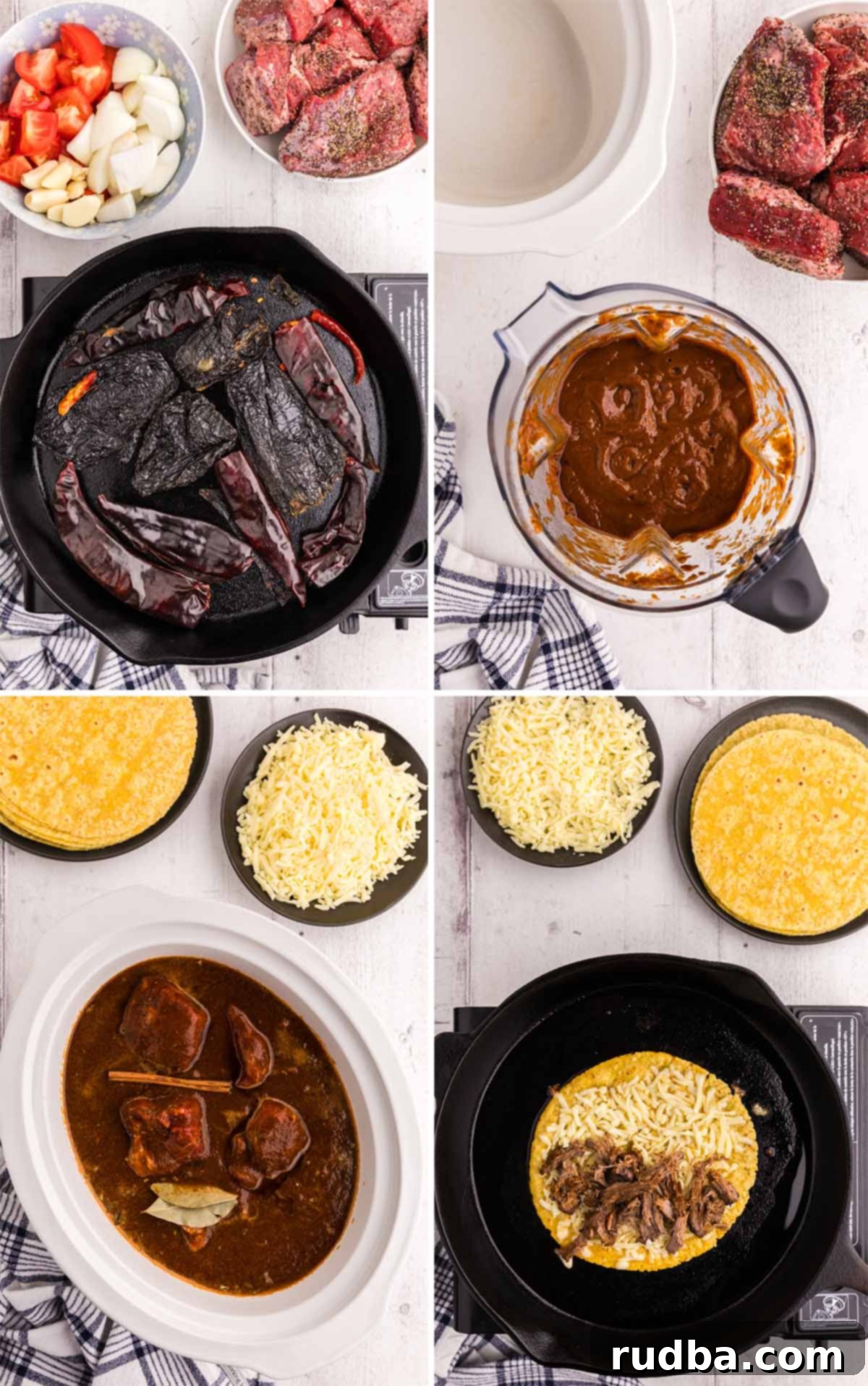 A collage of four step-by-step photos illustrating the birria taco making process: toasting the chilies in a pan, blending the vibrant chili sauce, the beef slow-cooking in the rich sauce, and finally, a birria taco being cooked to crispy perfection in a cast iron skillet.