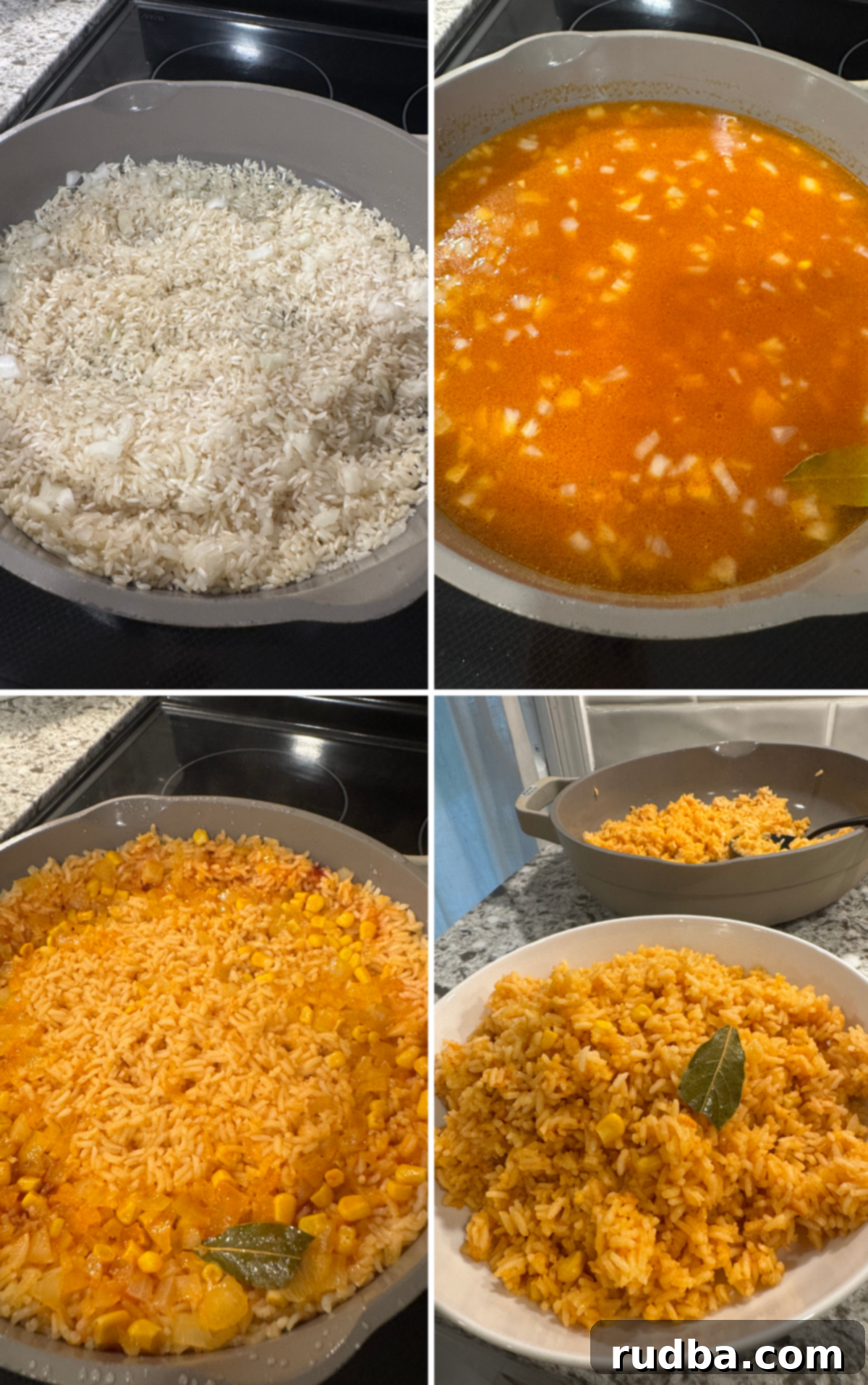 Mexican Rice 3 A four-photo collage illustrating the essential steps for making Mexican rice: sautéing rice with onions, adding tomato sauce and spices, mixing in water and corn, covering the pot, and finally, fluffing the perfectly cooked rice.