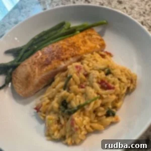 Orzo with salmon and asparagus.