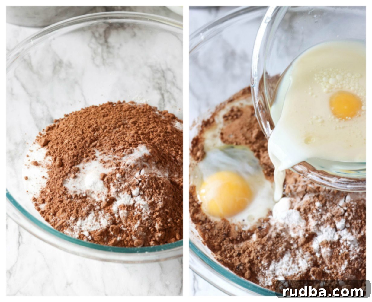 Collage with two bowls: one showing dry ingredients, the other showing dry and wet ingredients combined for the chocolate cake batter.