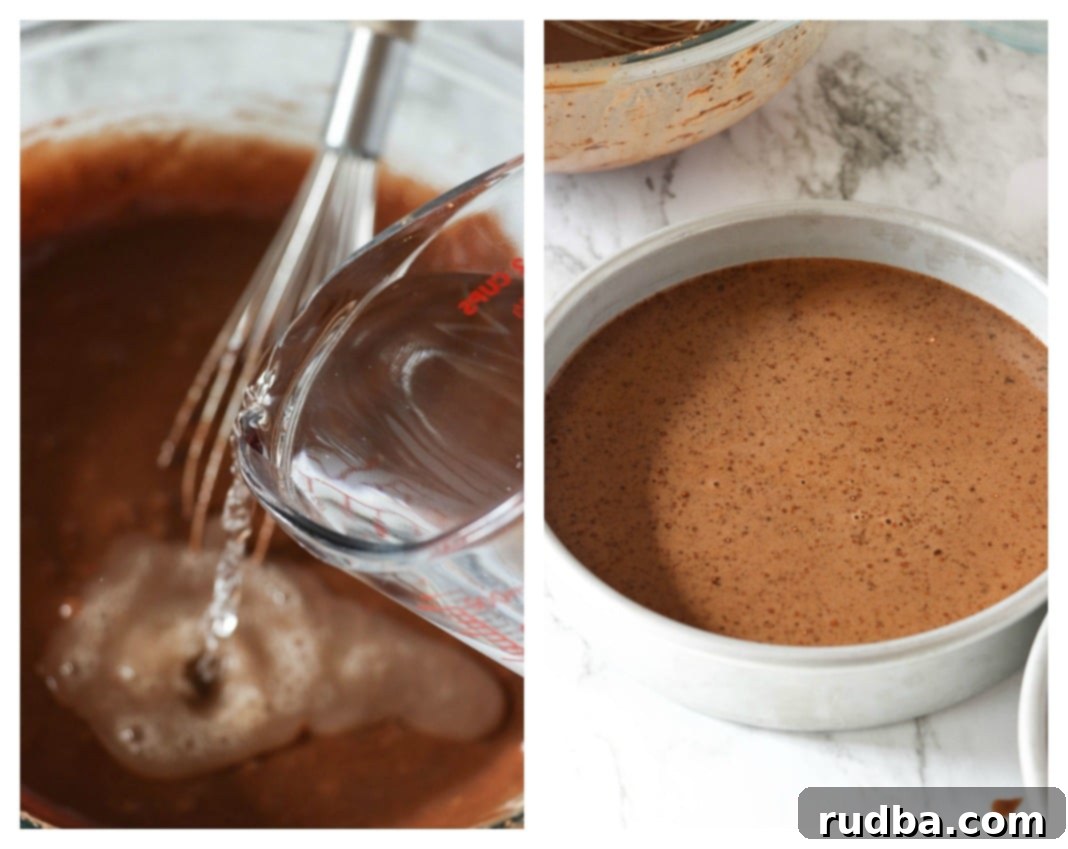 Collage showing water being poured into a chocolate mixture and a cake pan filled with batter, ready for baking.