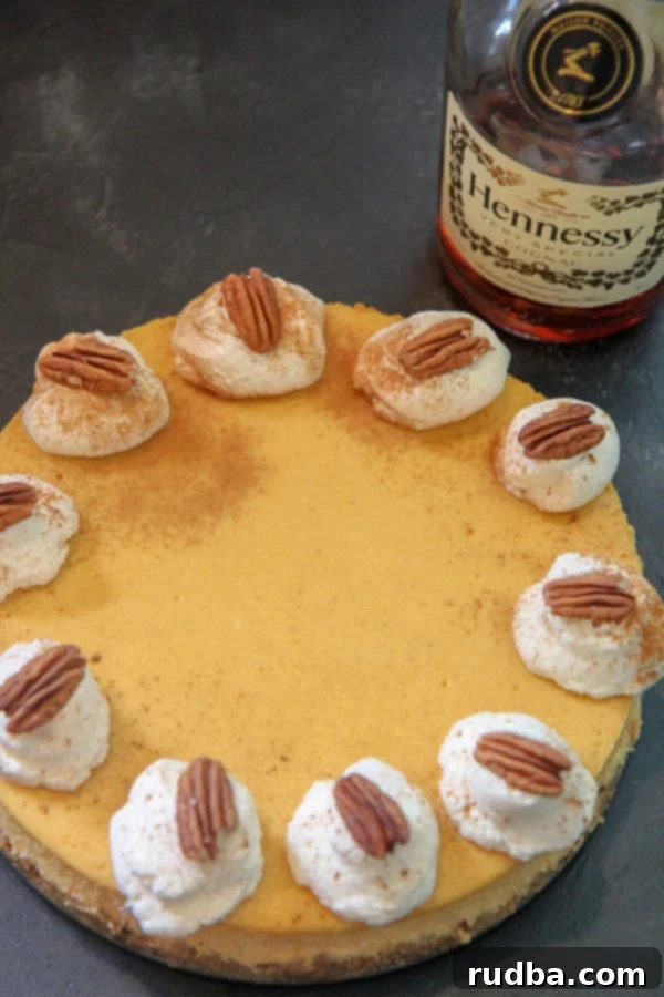 Pumpkin Cognac Cheesecake with Homemade Whipped Cream and Candied Pecans