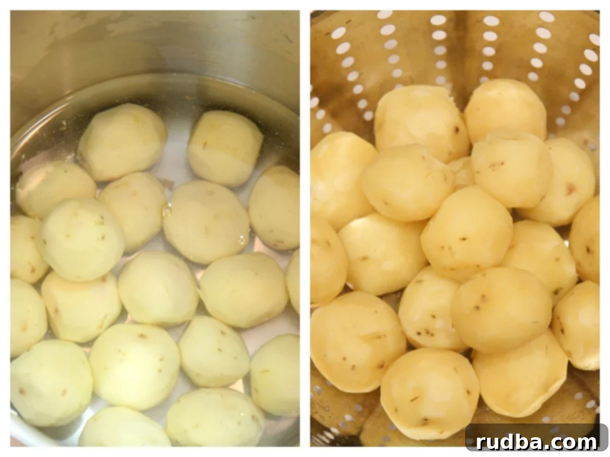 potatoes in salted water and a colander 
