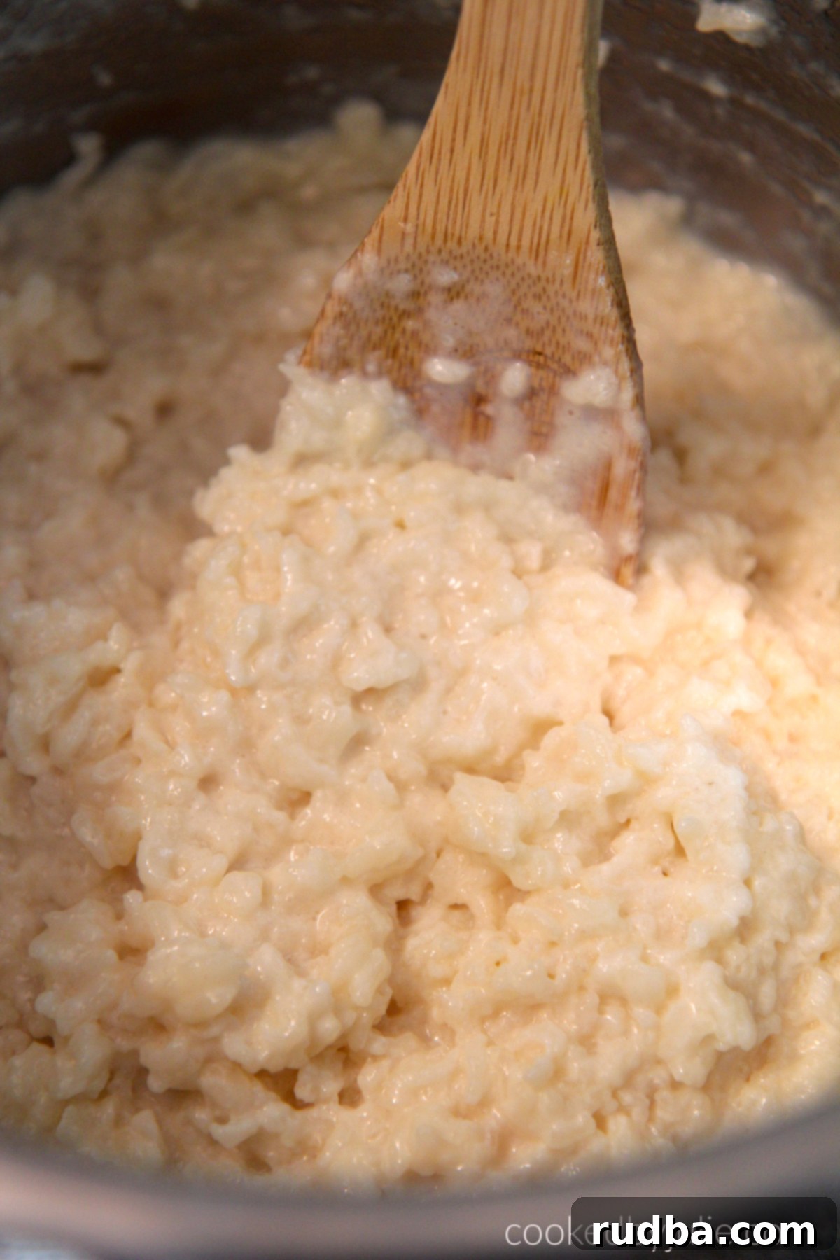 Instant Pot rice pudding with a wooden spoon in a serving bowl, ready to eat.