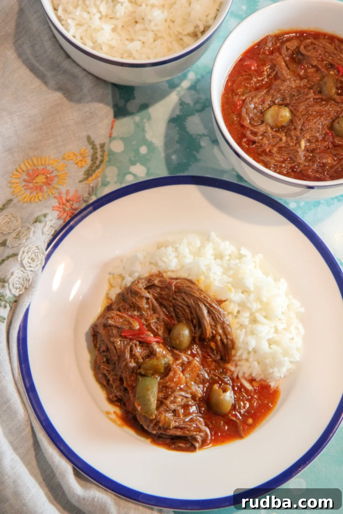 Ropa Vieja served with white rice, a classic Cuban comfort food dish