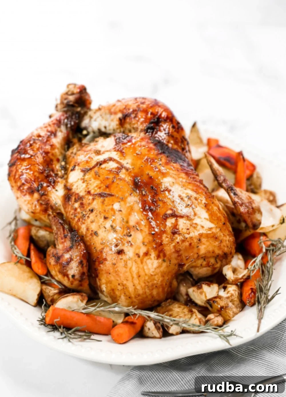 a whole honey roasted chicken on a platter with herbs and carrots