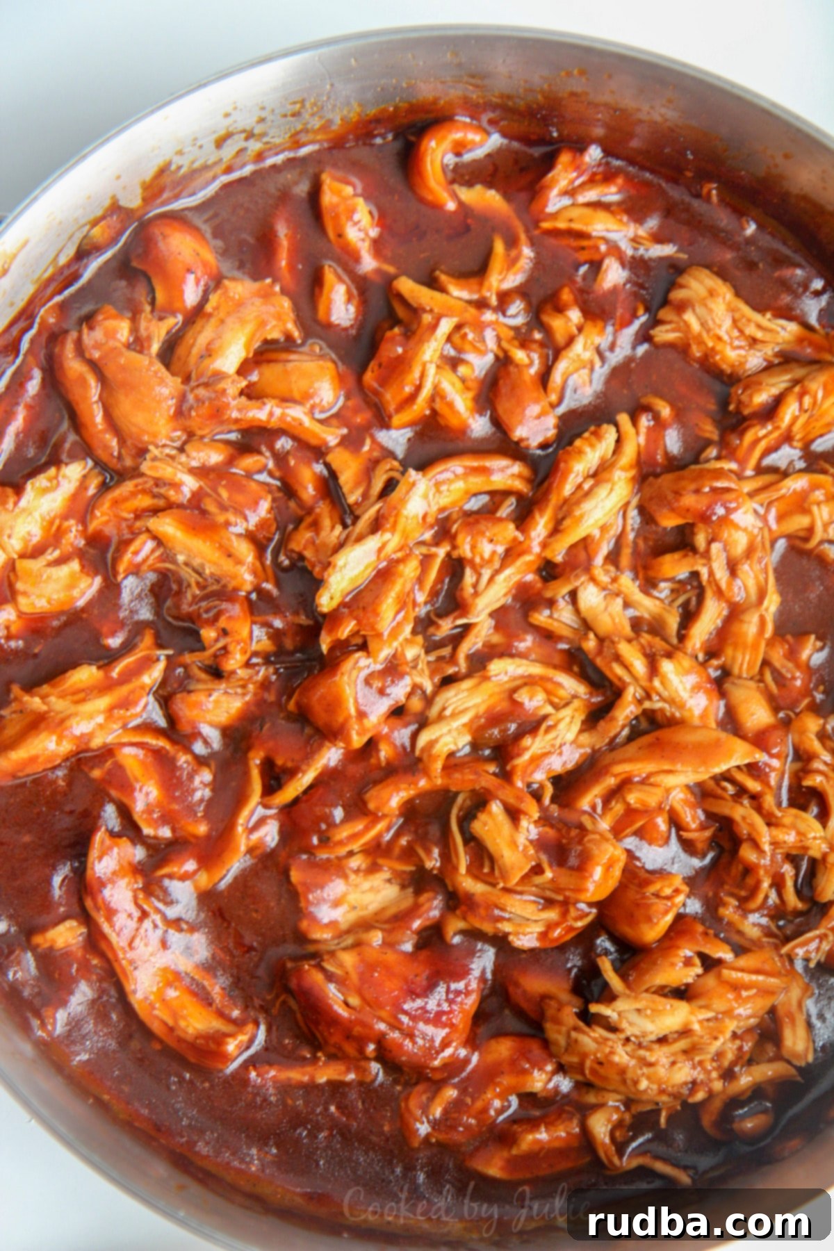 bbq pulled chicken in a skillet