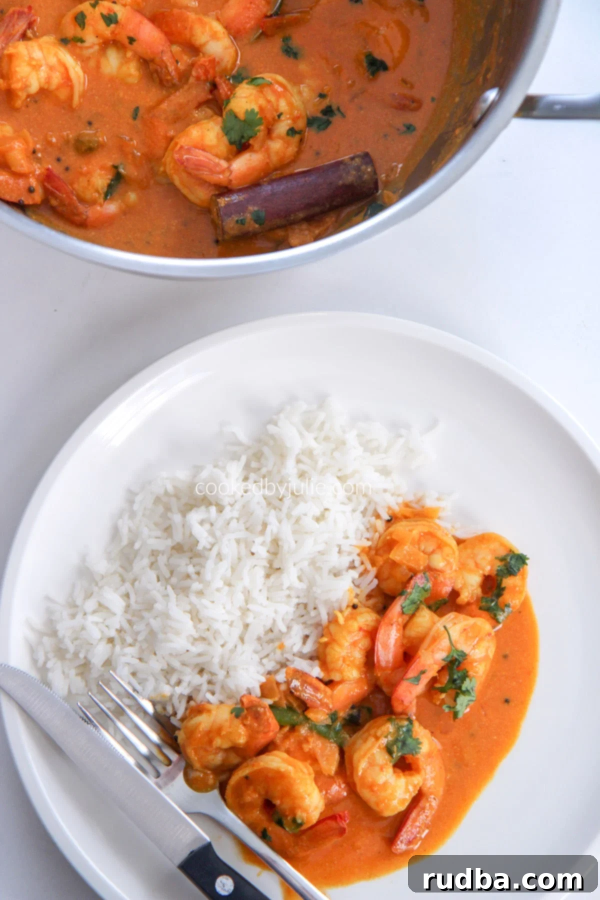 rice and coconut shrimp curry on a white plate and a pot of shrimp curry