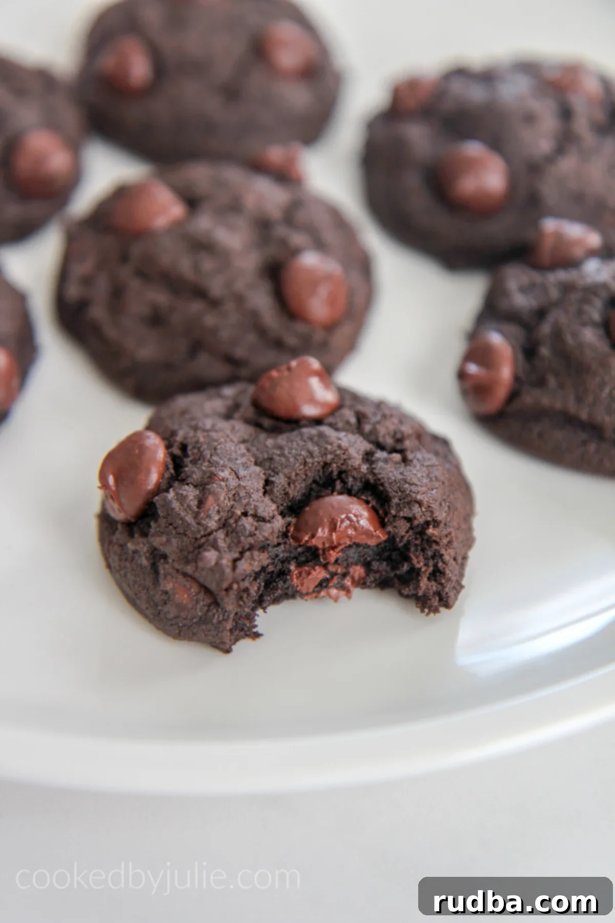 A deeply rich double chocolate cookie, bitten into, revealing its fudgy interior and melted chocolate chips, resting on a pristine white plate.