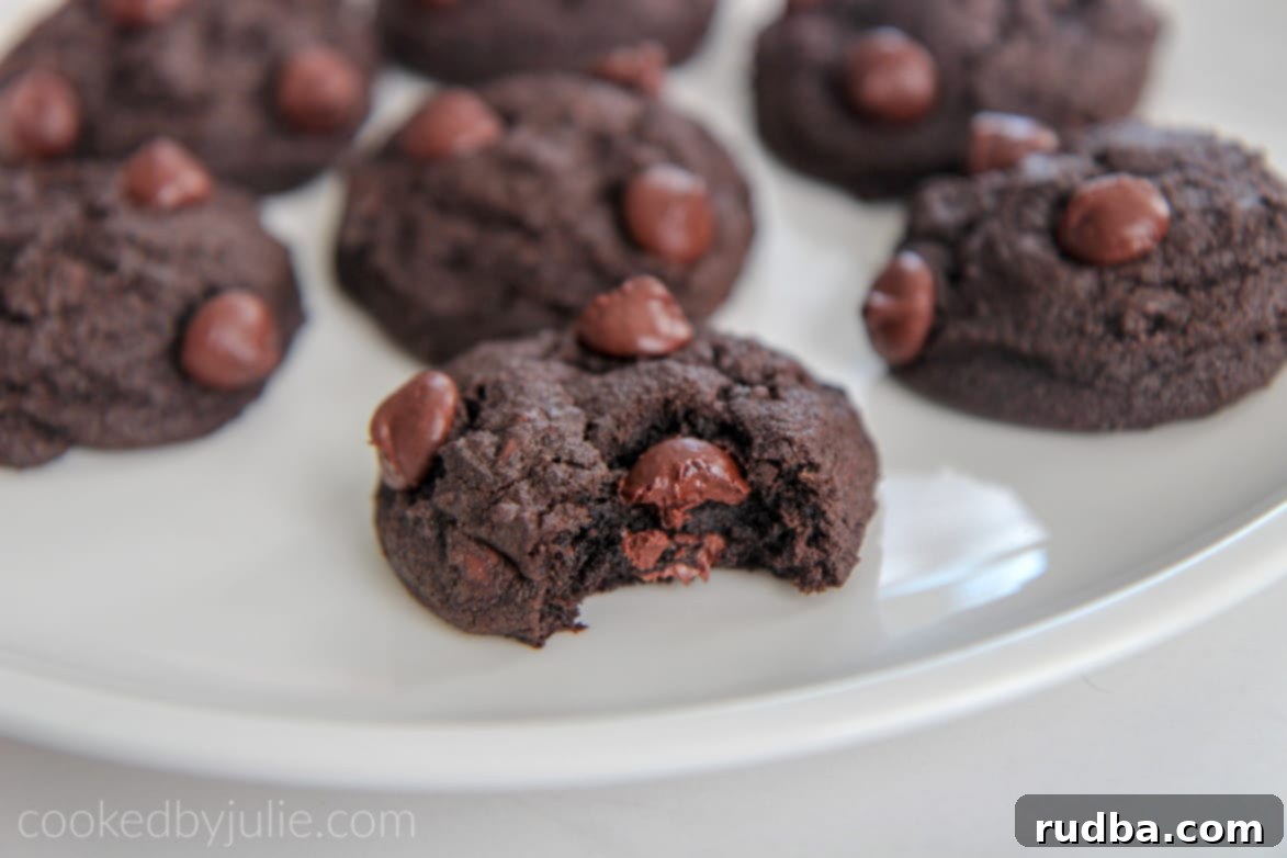 An enticing close-up of a double chocolate cookie, showcasing its moist, rich texture and abundant chocolate chips on a white plate, inviting a bite.