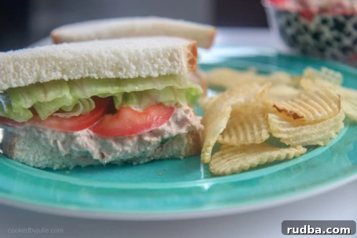 tuna salad sandwich with lettuce and tomato on a blue plate with potato chips 