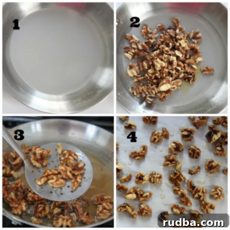 A collage showing the candied walnuts cooking process, from boiling in syrup to cooling on parchment paper.