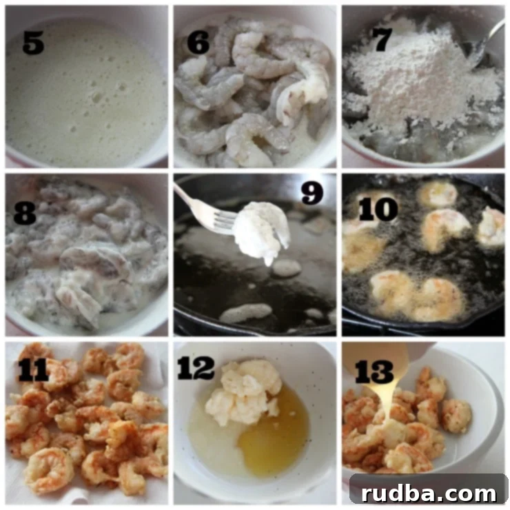 A collage showing the honey walnut shrimp cooking process, including frying the shrimp and mixing the sauce.