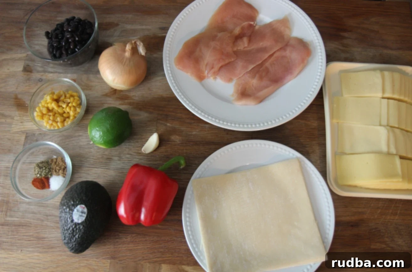 All the ingredients you need for these chicken avocado egg rolls.