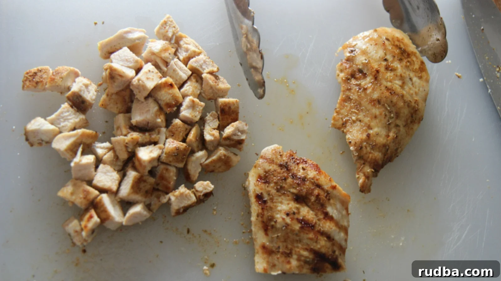 Cubed the grilled chicken into bite sized pieces.