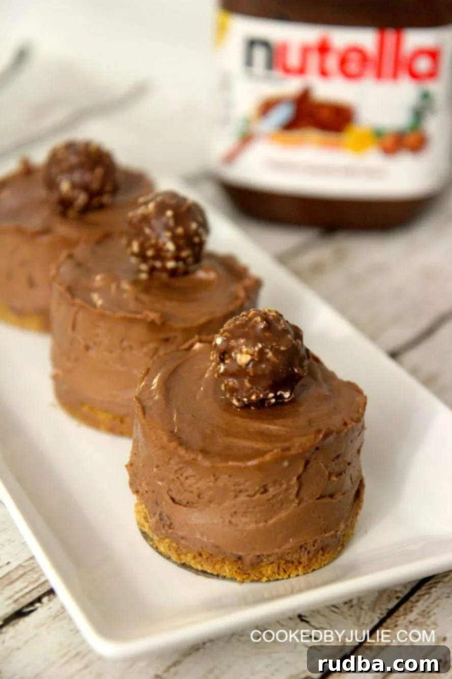 Mini no bake Nutella cheesecakes with hazelnut chocolates and a butter graham cracker crust