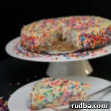 A delectable Funfetti Cheesecake with a sprinkle-laden crust and creamy filling.