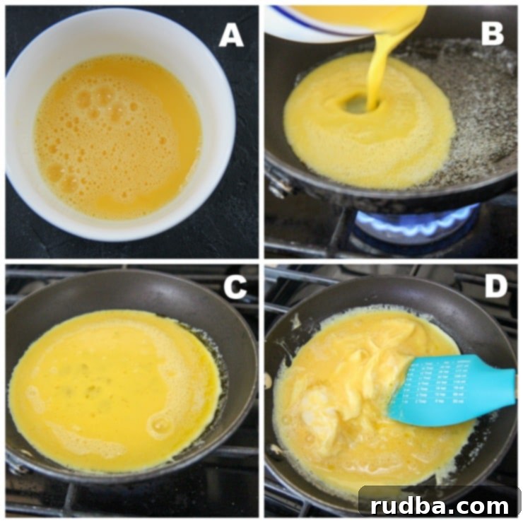step by step photos for cooking eggs in a black skillet