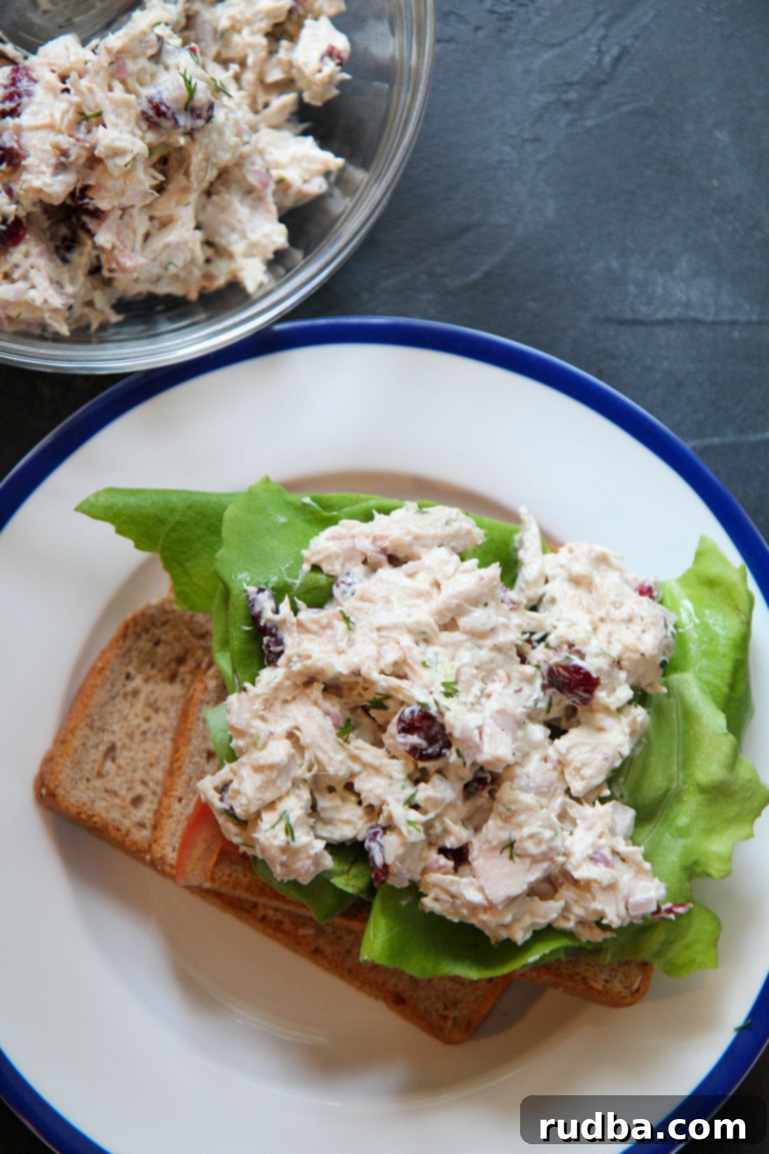 A perfectly assembled chicken salad sandwich with fresh lettuce on a white plate, positioned next to a rustic bowl brimming with creamy cranberry dill chicken salad, garnished with vibrant fresh herbs, ready to be enjoyed.